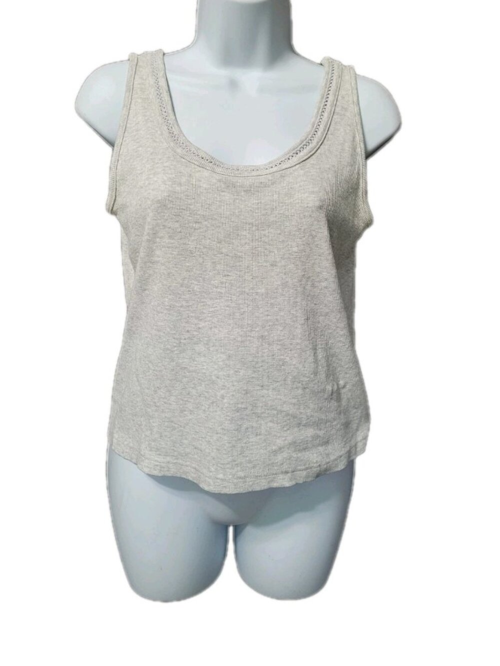 Vintage Y2K Cropped Tank Top L Crochet Trim Gray Ribbed Soft Girl Boho